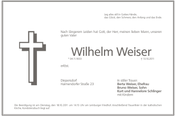 Traueranzeige von Wilhelm Weiser von Pegnitz-Zeitung